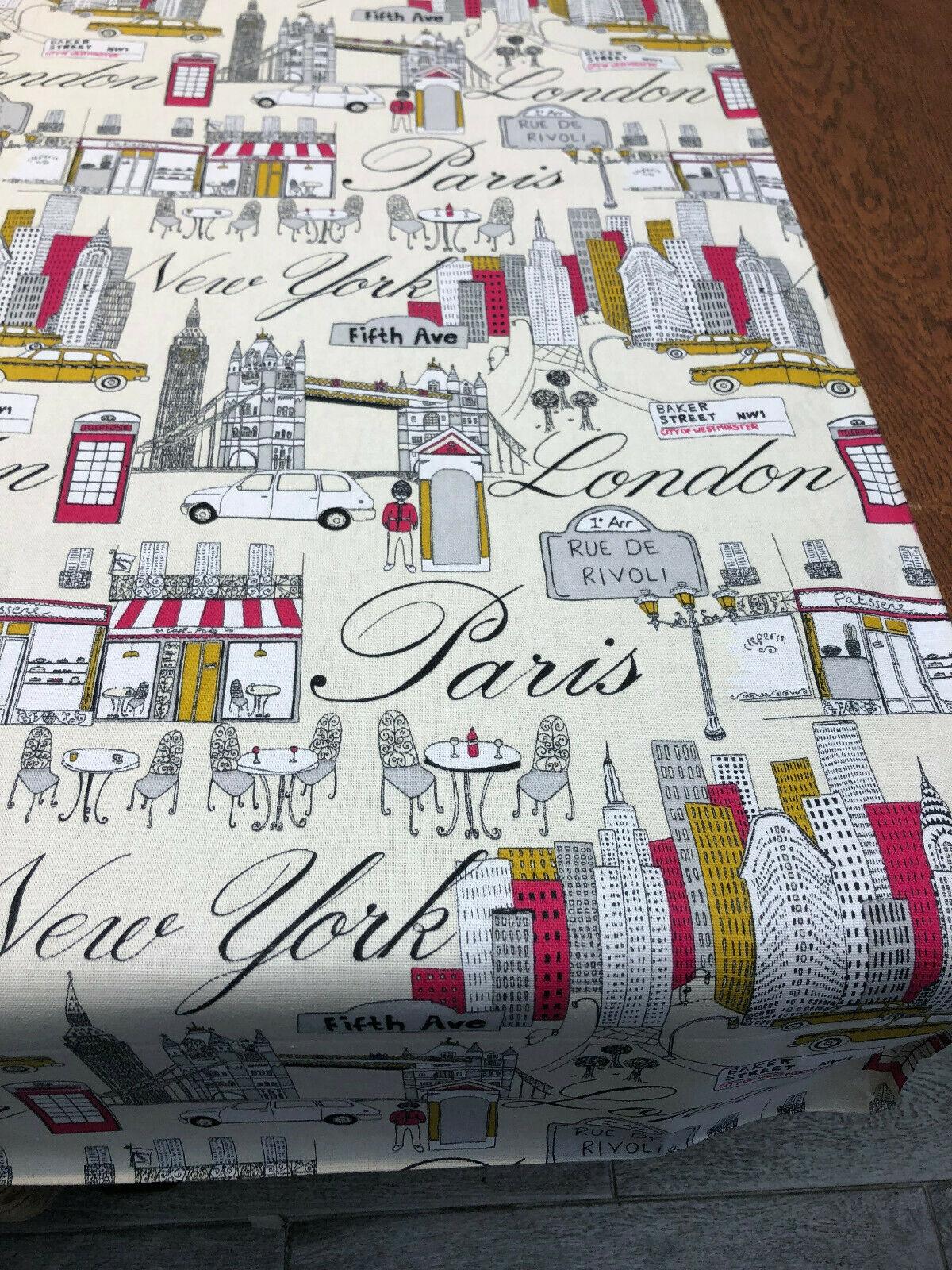 Cityscape Fiesta Cotton Fabric - Paris London New York Cityscape, Beige Background, 45" Width (1 Yard)