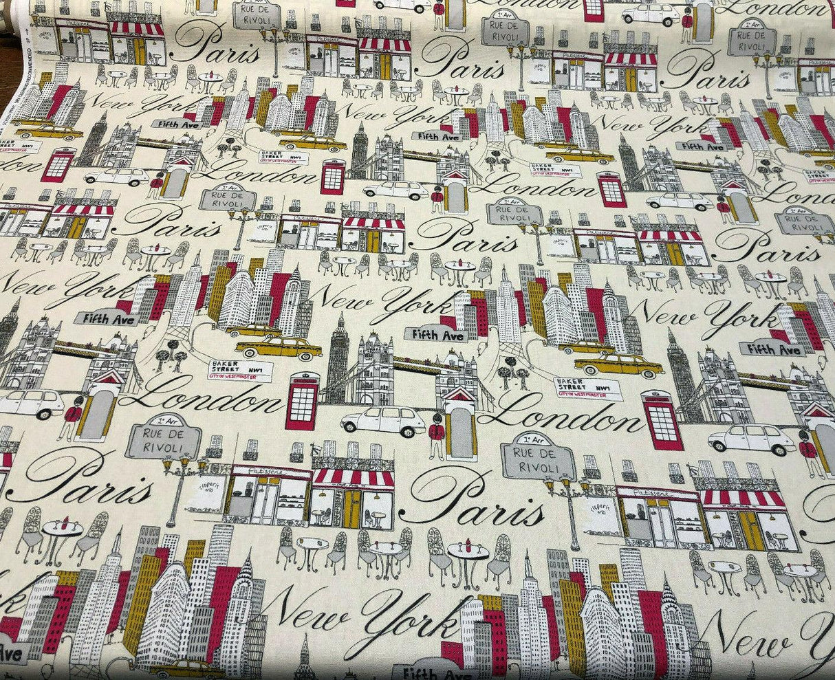 Cityscape Fiesta Cotton Fabric - Paris London New York Cityscape, Beige Background, 45" Width (1 Yard)