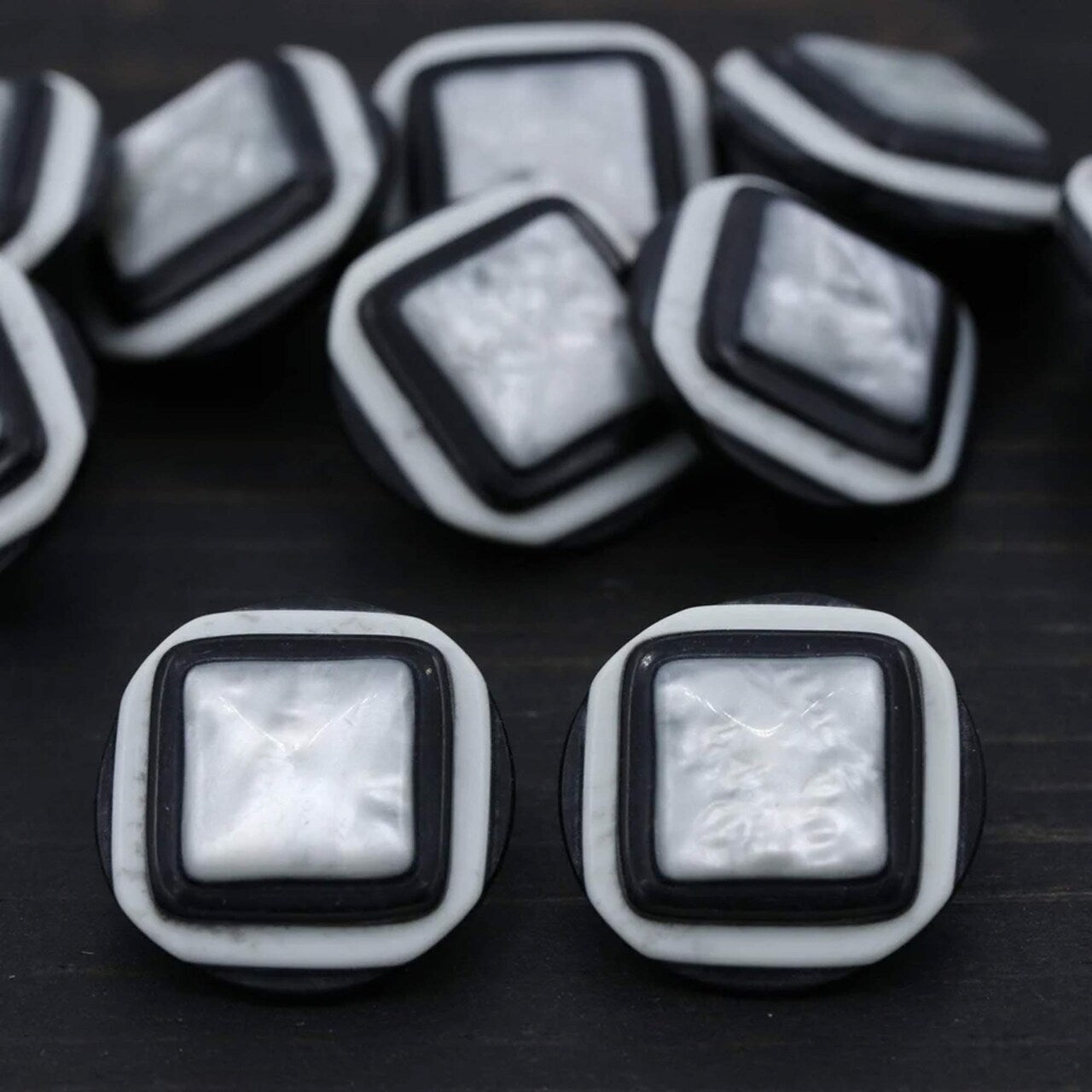 36L (23mm / 15/16") Square Shell Top Buttons Black White Pearl Layer Shank Style Vintage Button