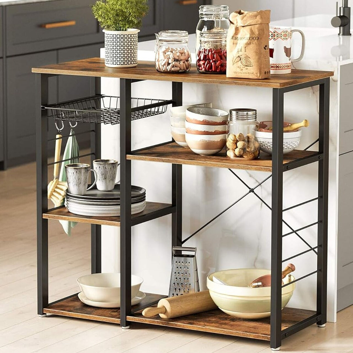 VASAGLE ALINRU Kitchen Baker’s Rack, Coffee Bar, Microwave Oven Stand, with Steel Frame, Wire Basket, 6 Hooks, 35.4", Rustic Brown