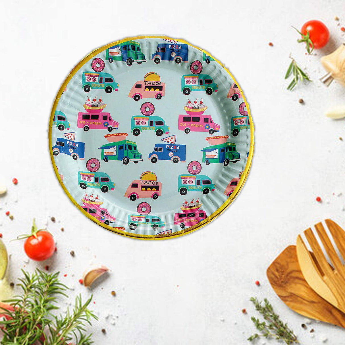 8 Ct. Food Truck Party Paper Dessert Plates Metallic Gold Foil Trim 7"