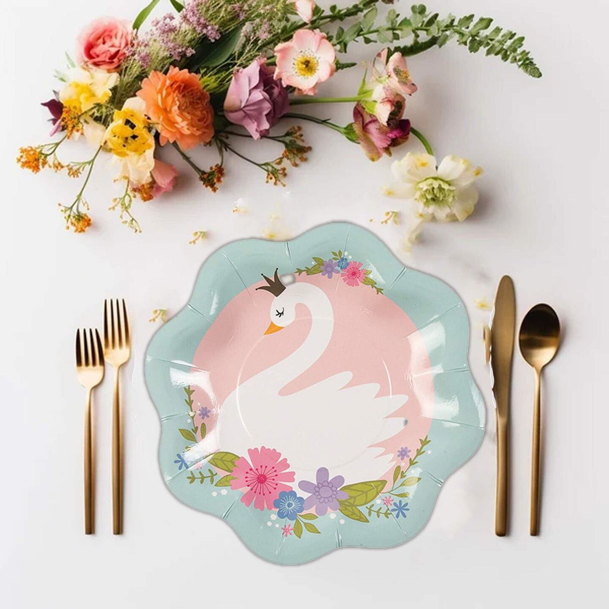 8 Ct. Sweet Swan Scalloped Paper Dessert Plates 8 1/2" Elegant Pastel Party Tableware
