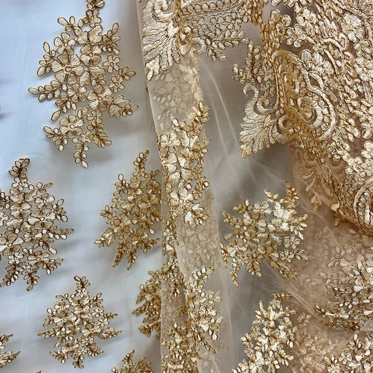 1 Yard Corded Lace Fabric Embroidered on 100% Polyester Net Mesh | Lace USA - GD-021 - Gold - 52" Wide