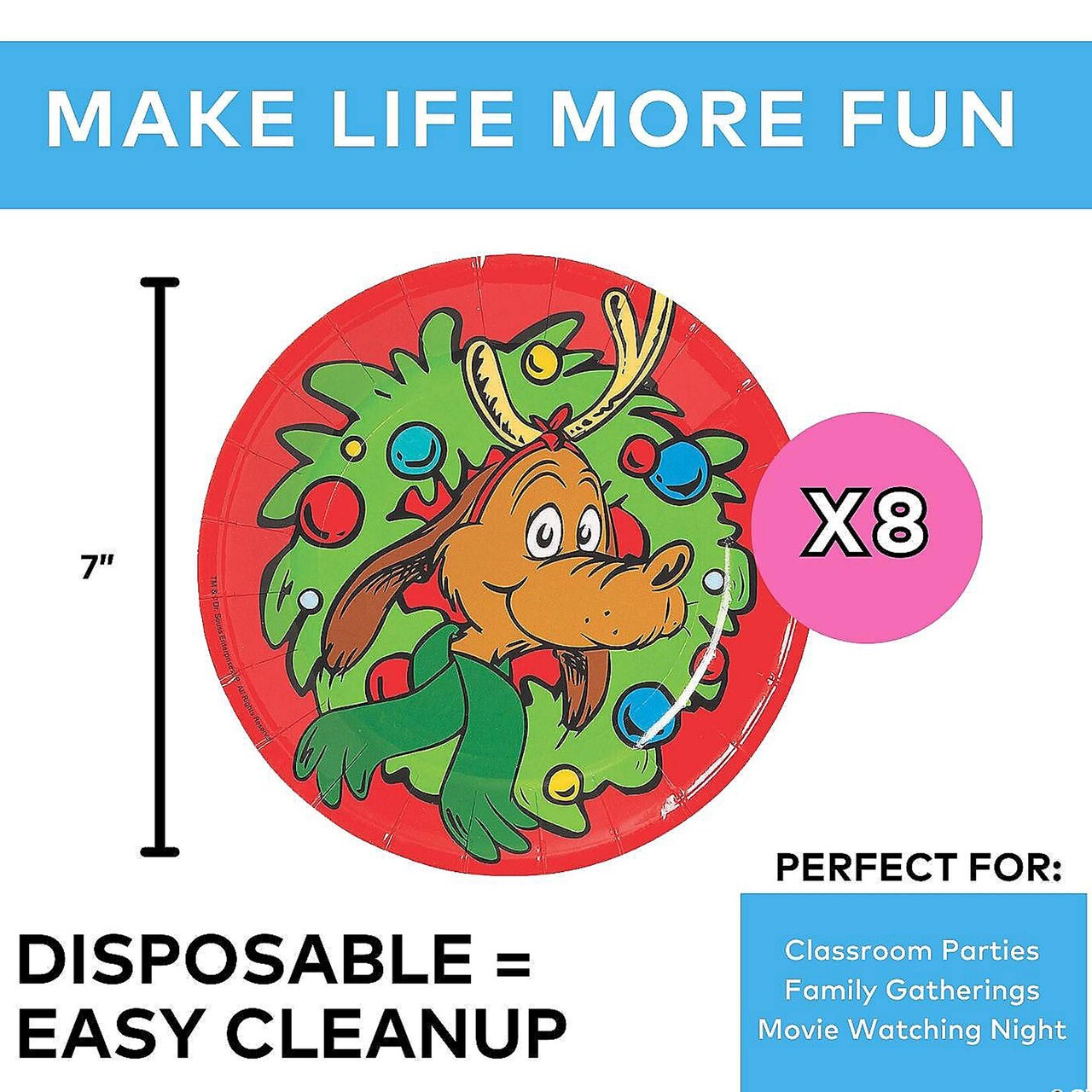 8 Count 7" The Grinch Max Multicolor Disposable Paper Dessert Plates Festive Christmas Party Tableware