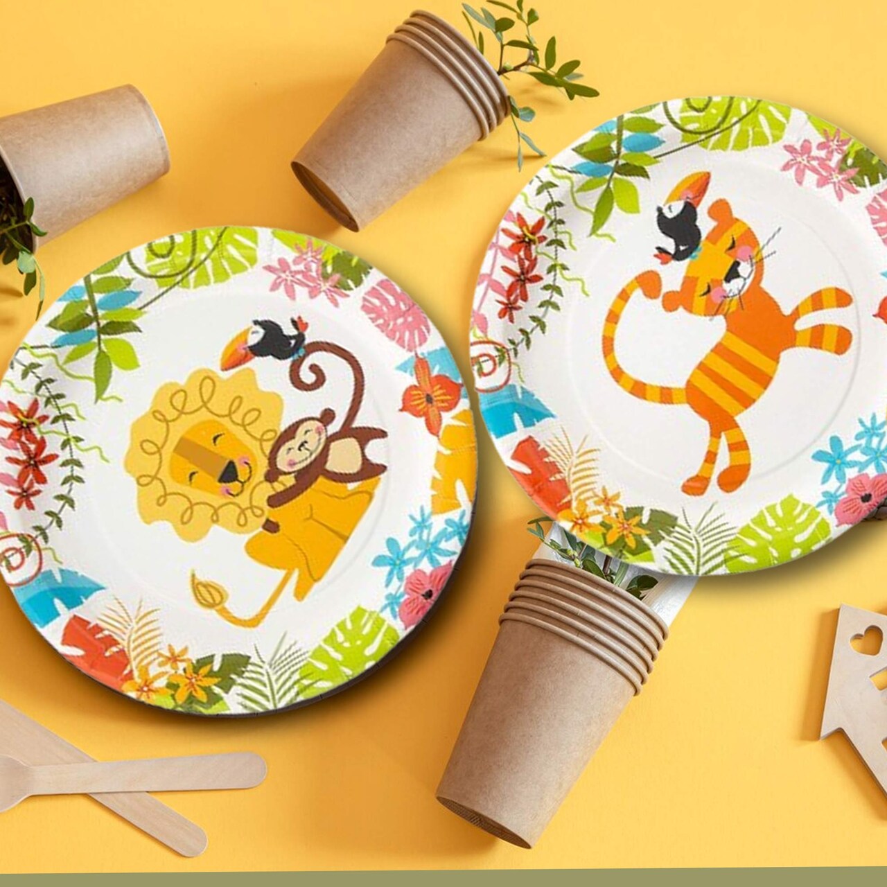 8 Count 7" Jungle Lion Monkey Toucan Disposable Paper Dessert Plates Tropical Baby Shower Tableware