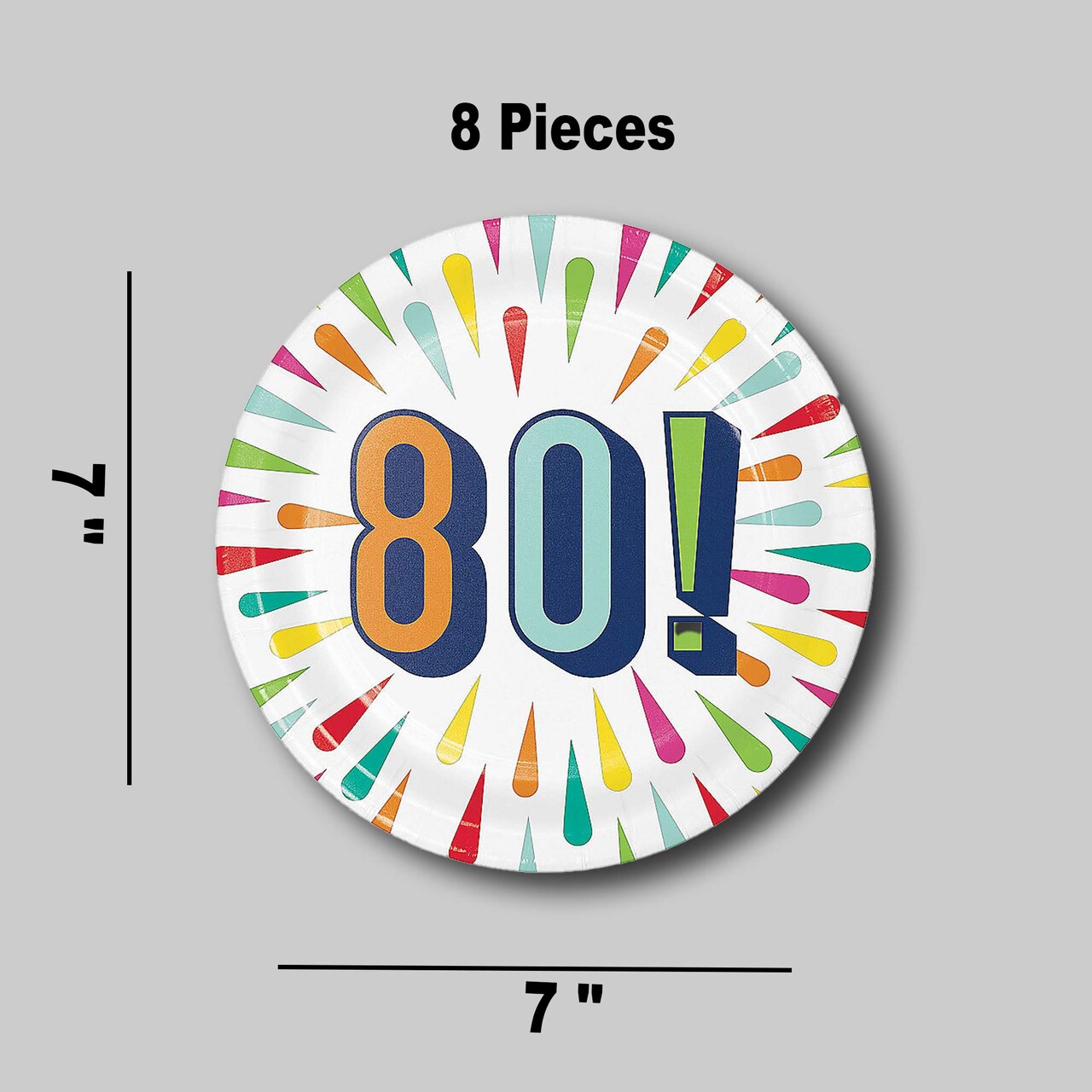 8 Ct. 80th Birthday Burst Paper Dessert Plates Colorful Milestone Party Tableware