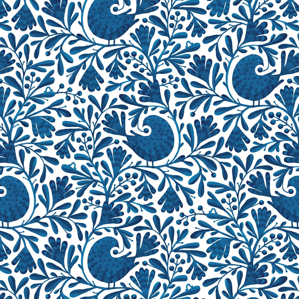 Cotton Print Navy Isla Birds and Branches Fabric 44/45"