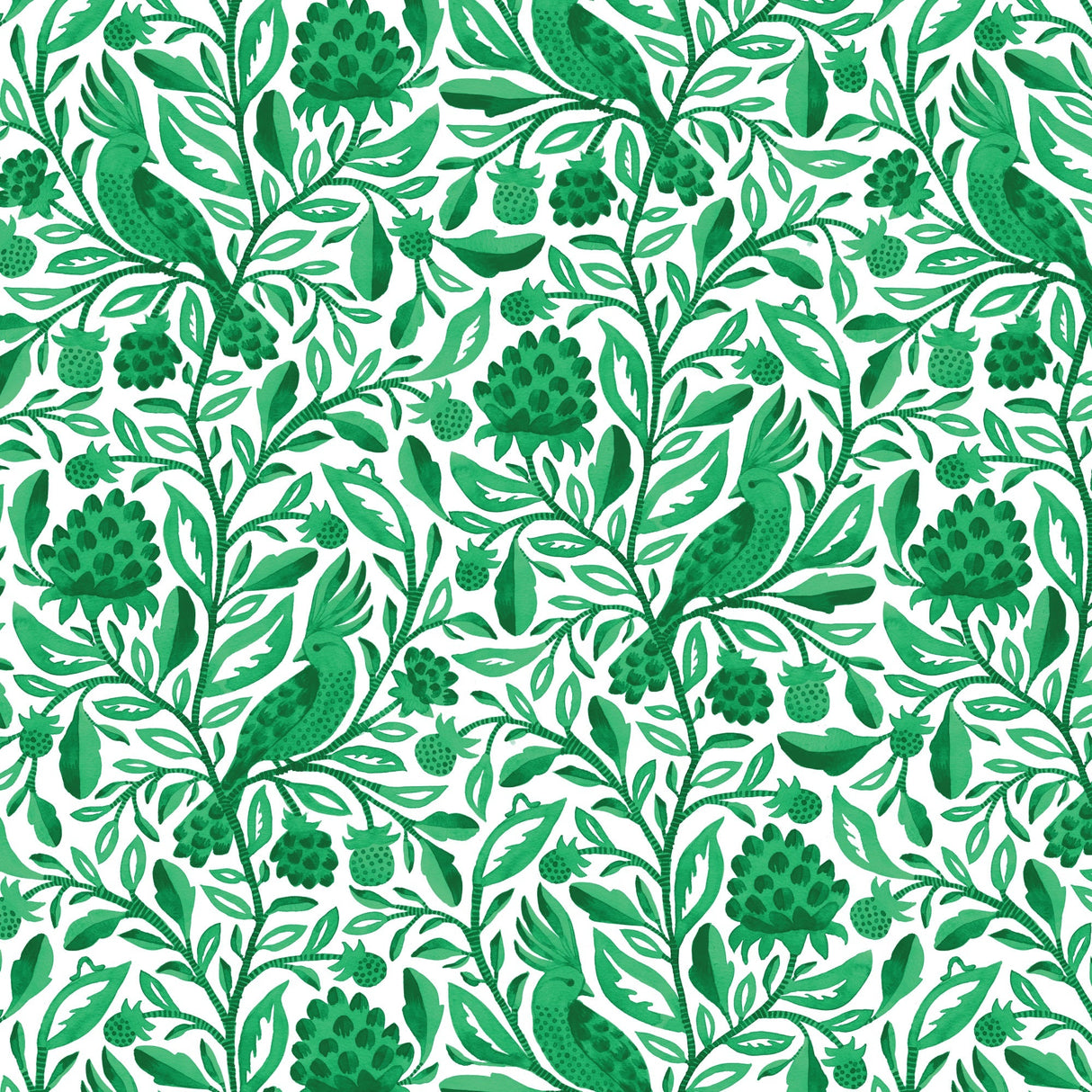 Cotton Print Green Birds and Branches Fabric 44/45"