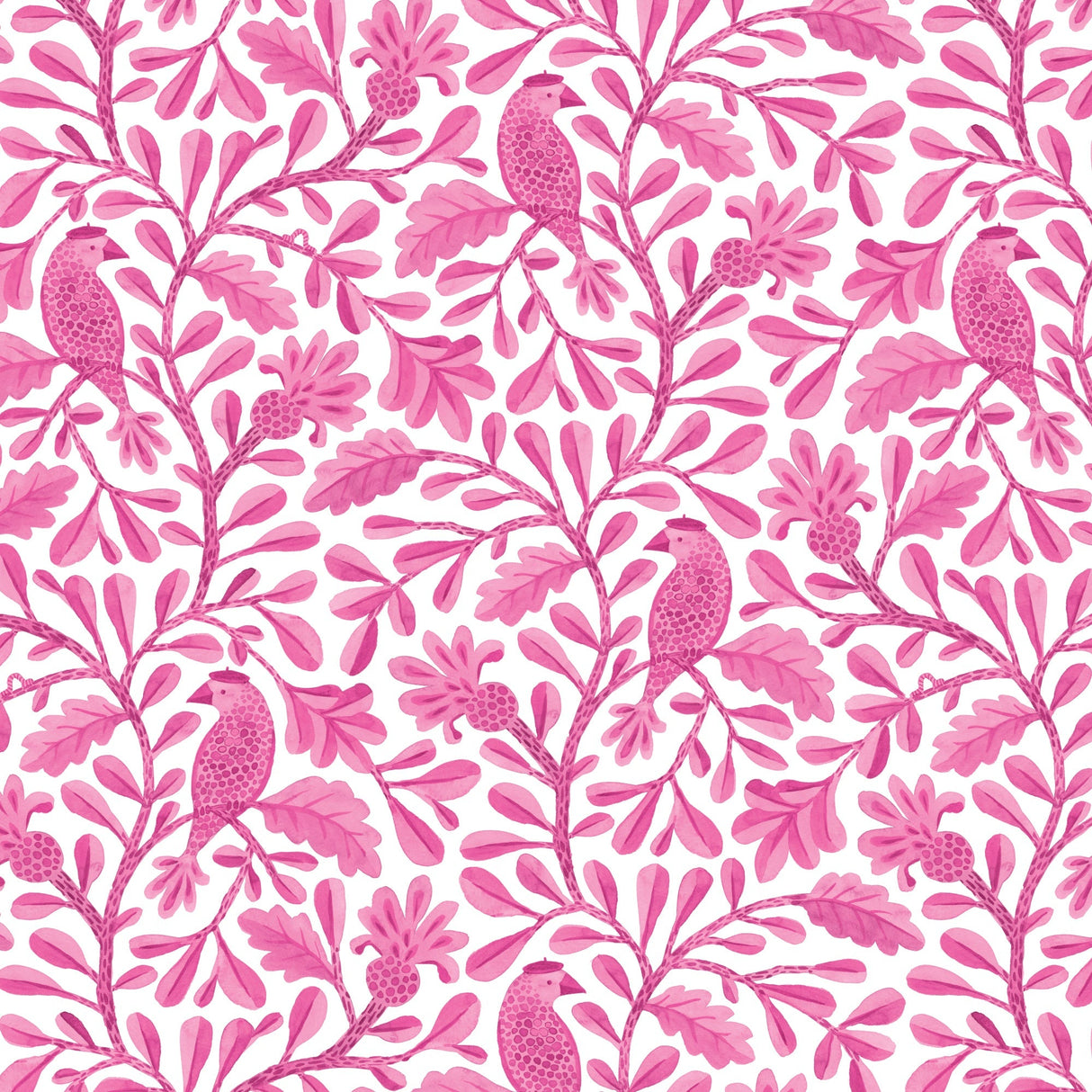 Cotton Print Bubblegum Roux Birds and Branches Fabric 44/45"
