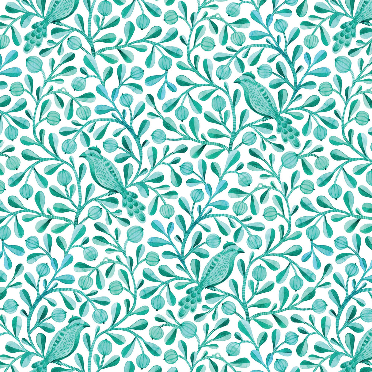 Cotton Print Turquoise Birds and Branches Fabric 44/45"