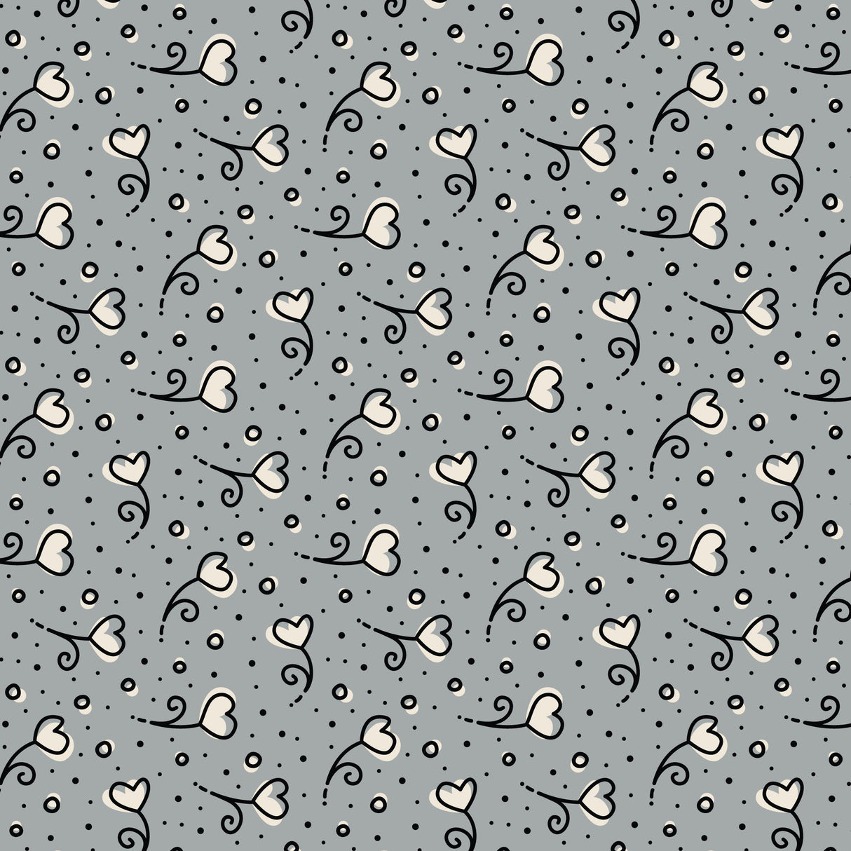Cotton Print Gray Heart Blossoms Love Ink 3384 Fabric