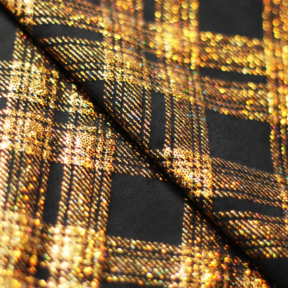 Starlight Plaid Polyester Spandex Fabric - Holographic Plaid, Turquoise, Black With Silver, Black With Gold, Black, 58/60" Width (1 Yard)