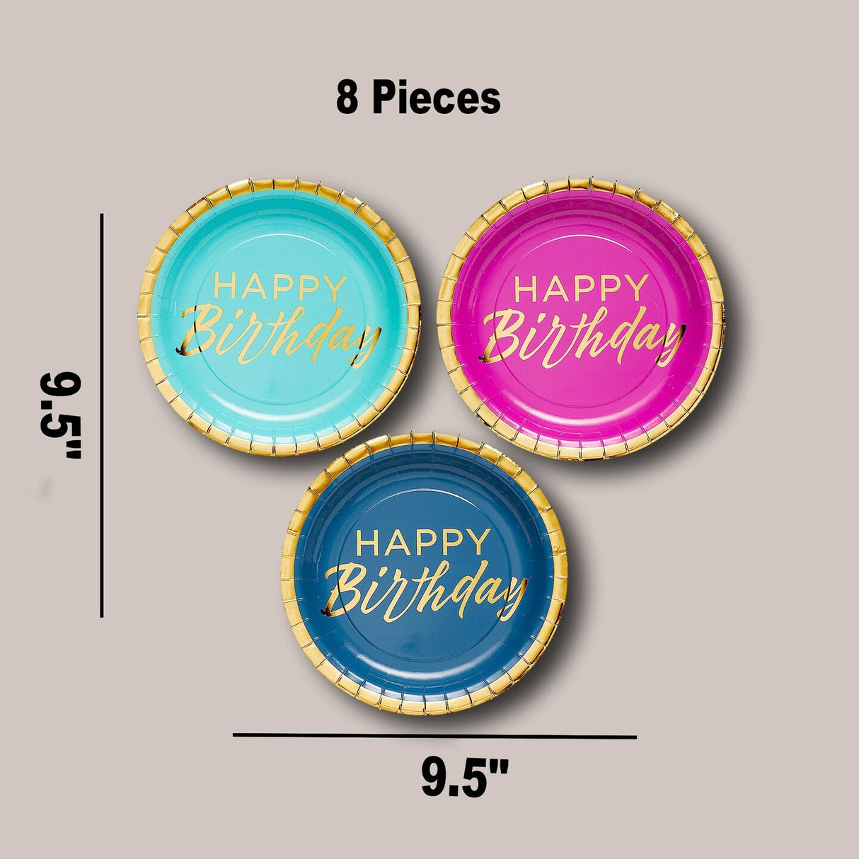 8 Count Gold Foil Happy Birthday Dinner Plates 9.25" Colorful Party Paper Plates for Celebrations