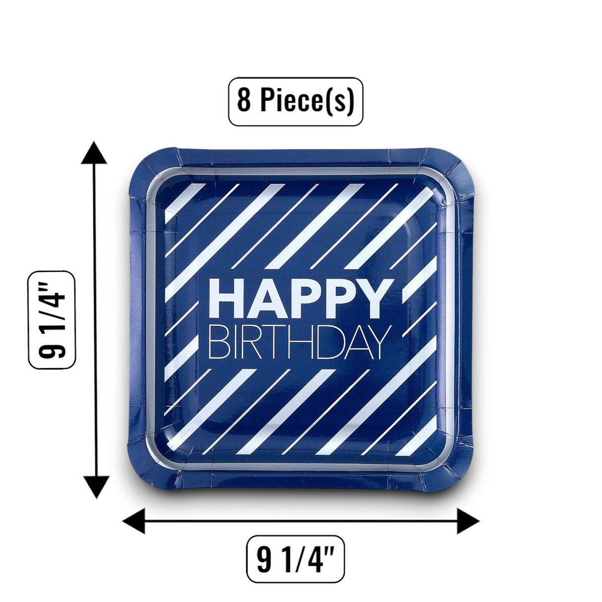 8 Count Happy Birthday Blue & Silver Square Paper Dinner Plates 9.25" Stylish Disposable Party Plates