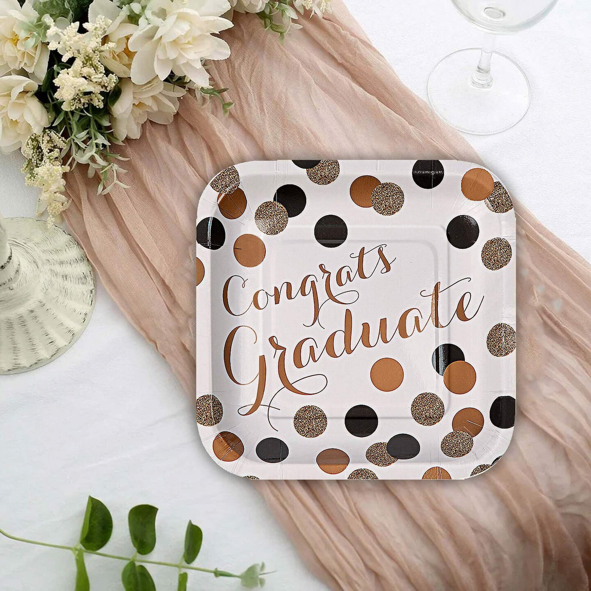 8 Count Black and Gold Graduation Party Congrats Graduate Square Paper Dessert Plates 7 Inch
