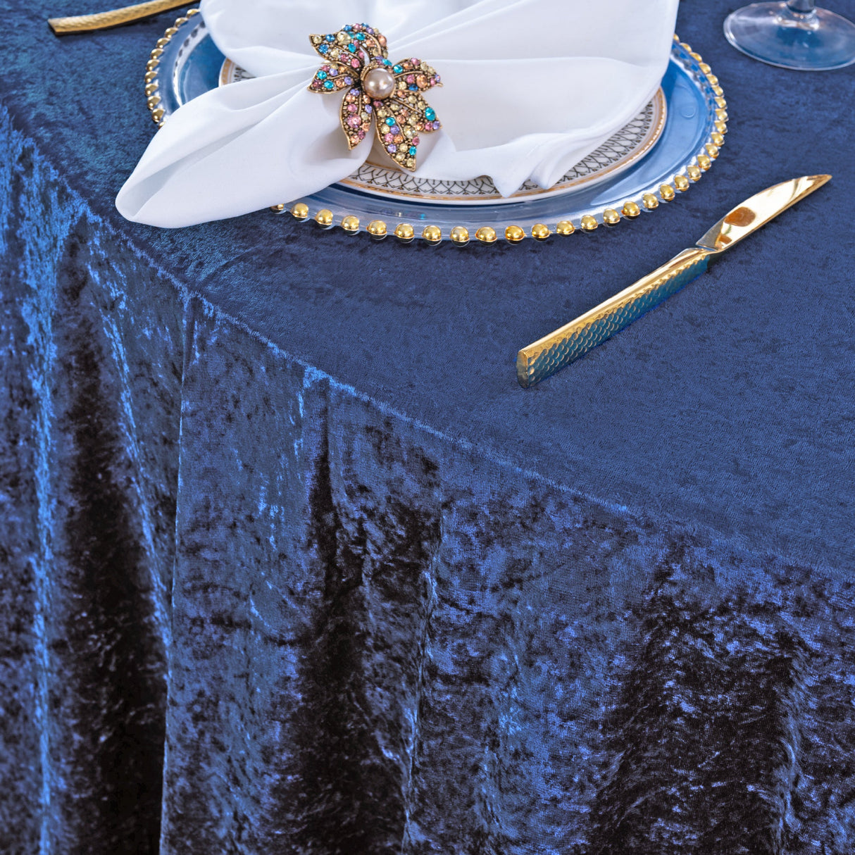Round Ice Crushed Velvet Tablecloth 132 Navy Blue