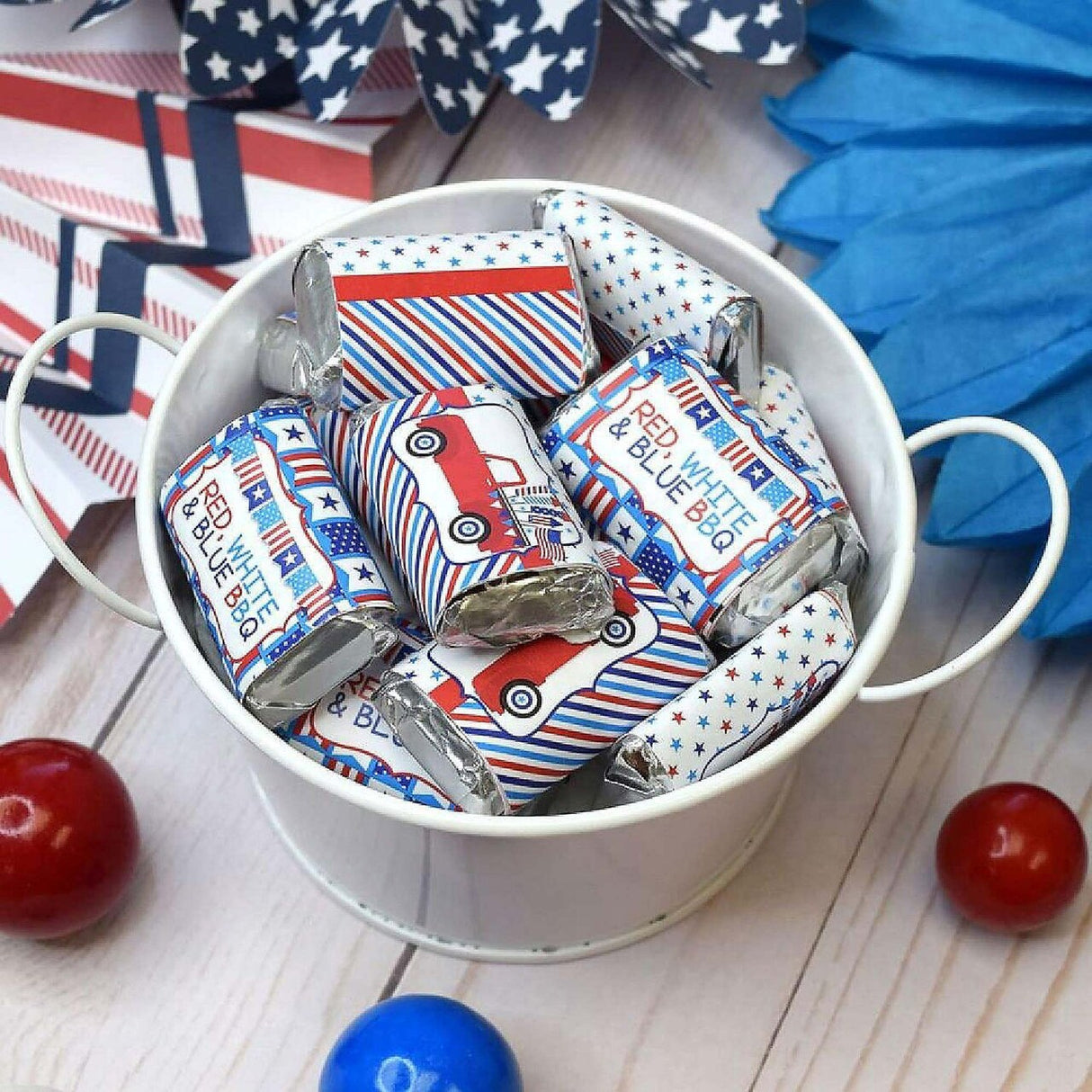 AmandaCreation Red, White & Blue BBQ Mini Candy Bar Wrappers 45 Pieces