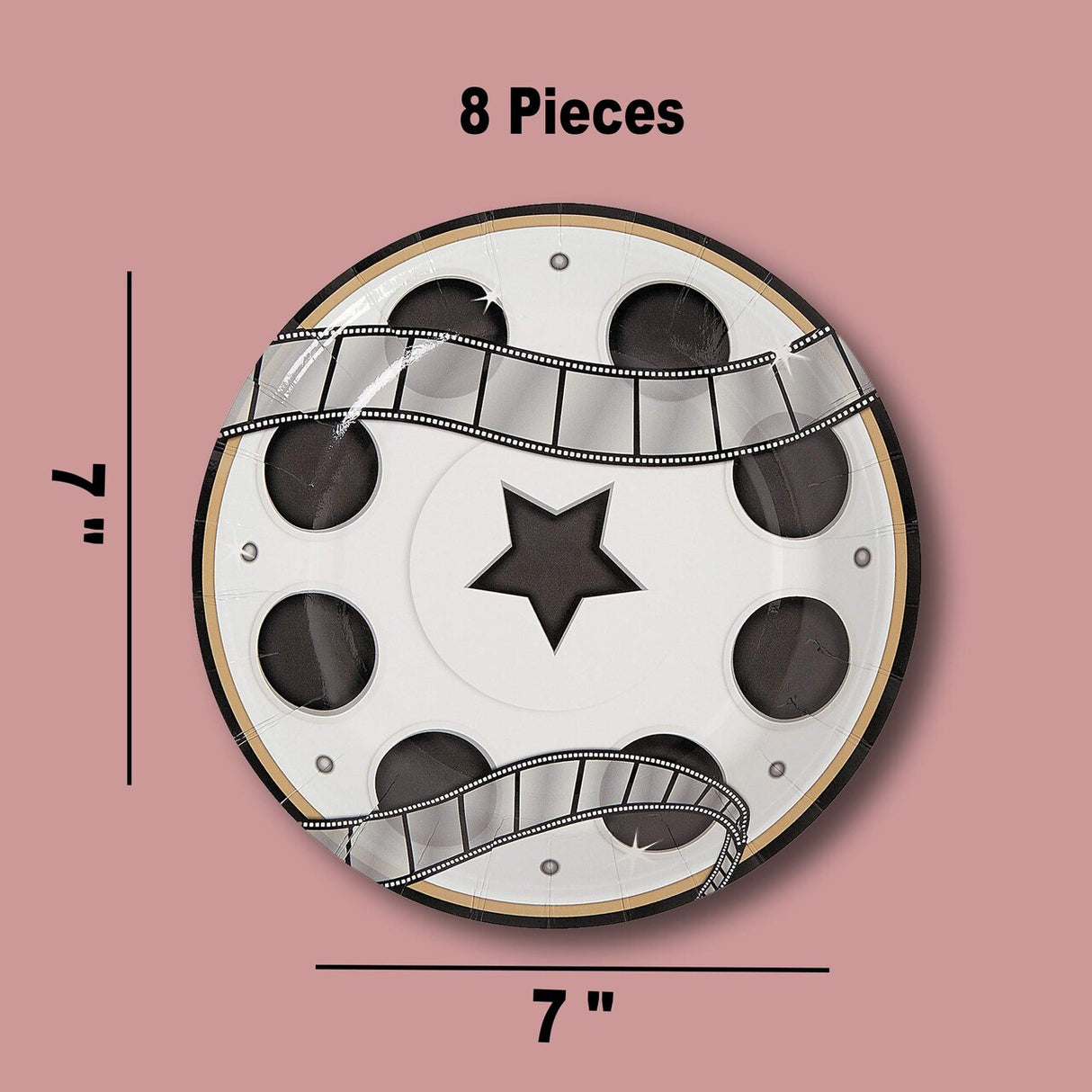 8 Count 7" Movie Night Film Reel Round Disposable Dessert Plates Fun Cinema Party Tableware