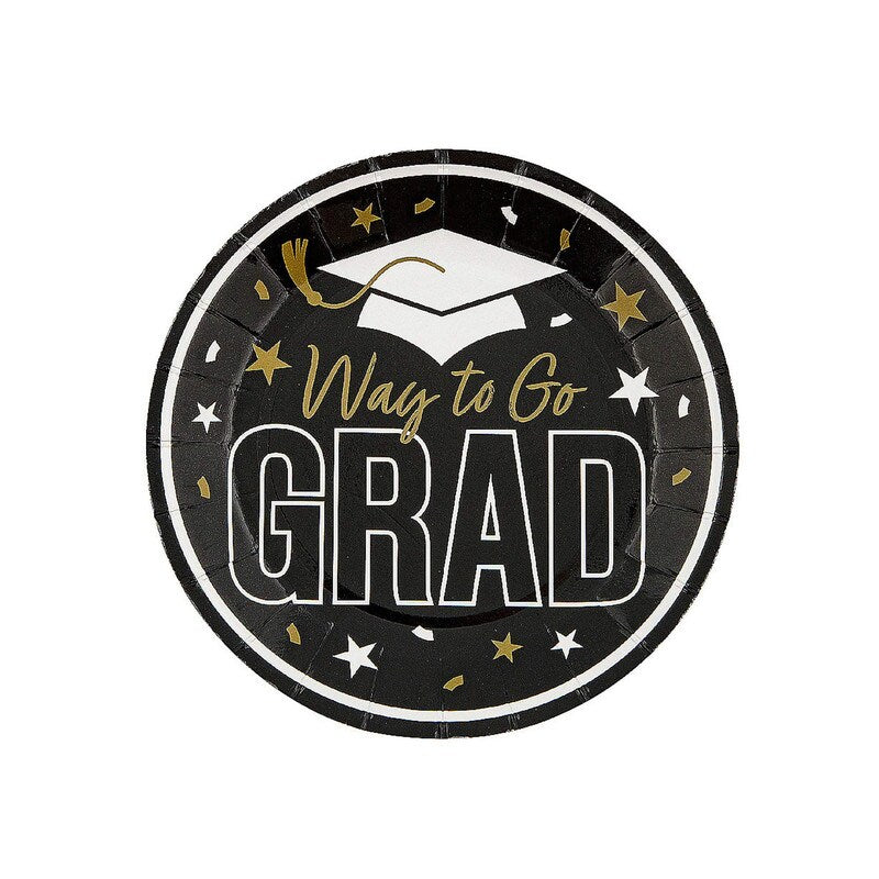 Gold Way to Go Grad Dessert Plates 7.25 Inch Paper 25 Count Graduation Party Supplies