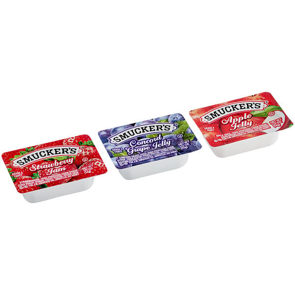 Smucker's Concord Grape Jelly, Apple Jelly, and Strawberry Jam 0.5 oz. Portion Cups - 200/Case