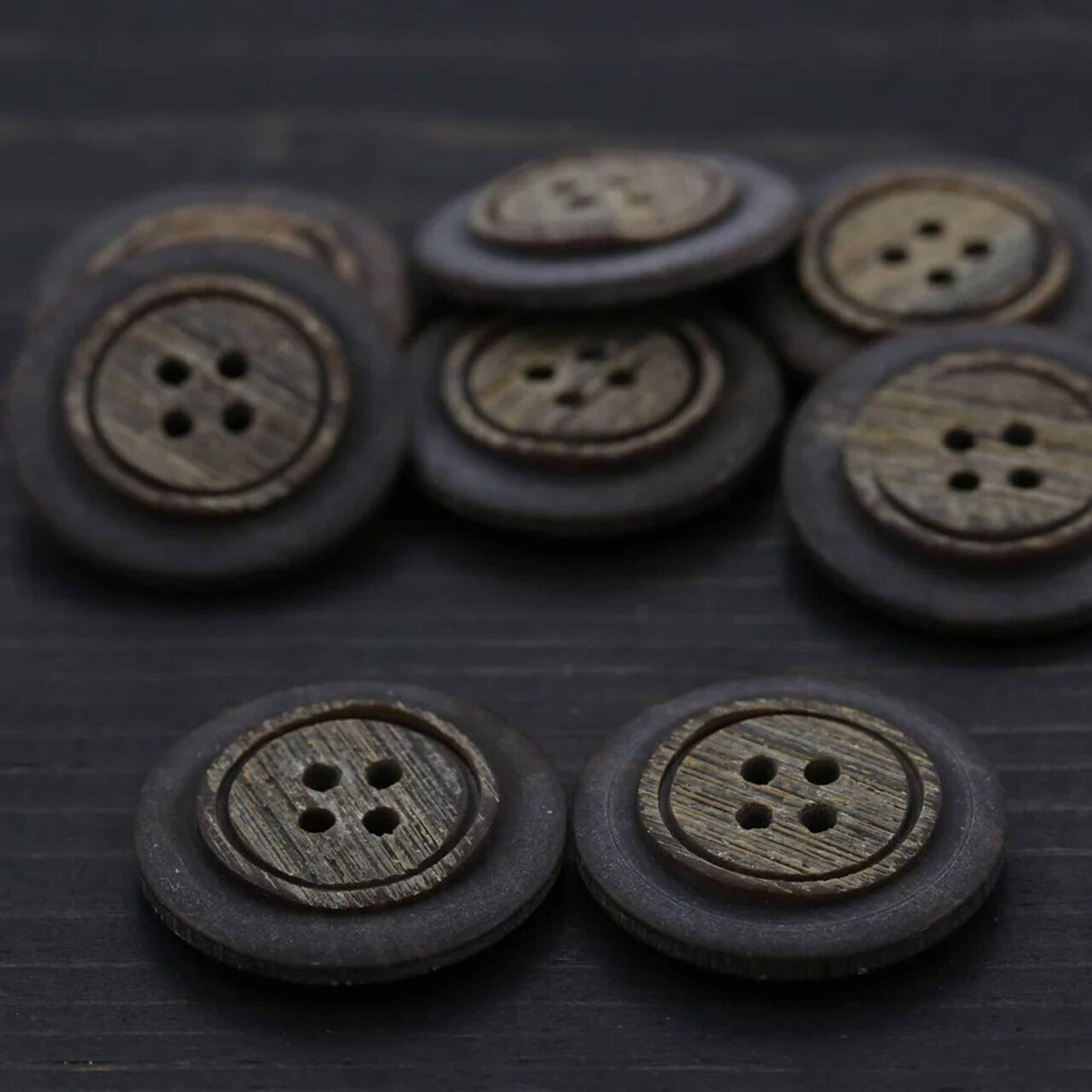 4 Brown Faux Wood Plastic Buttons Four-Hole, 27mm (1 1/8") Size
