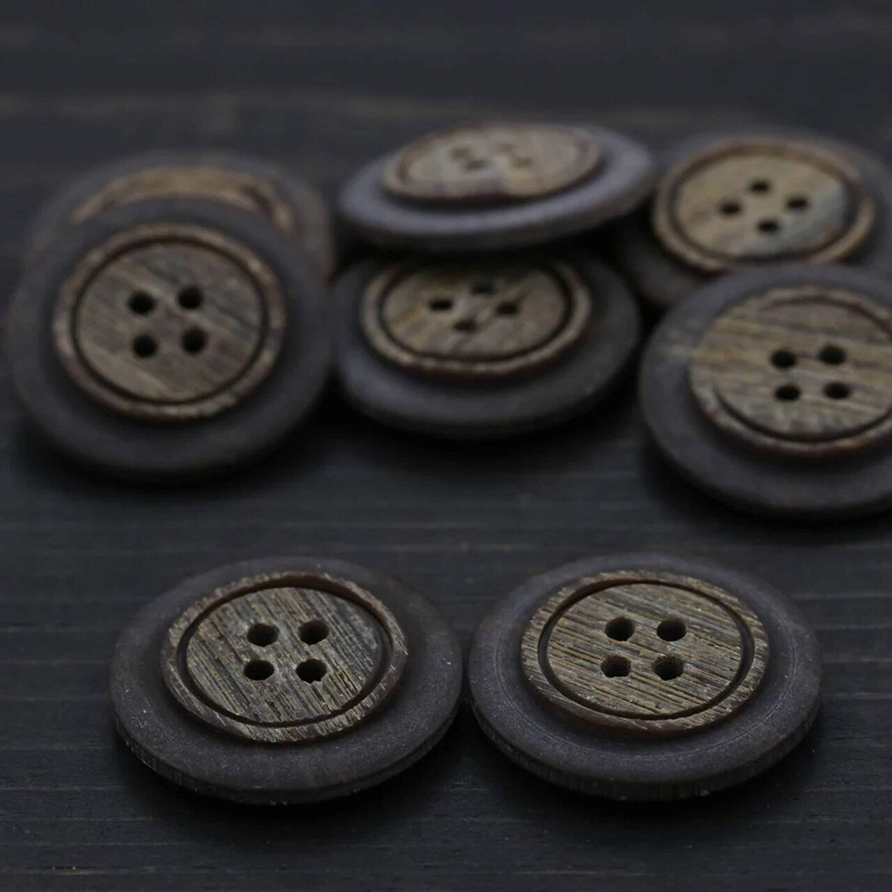4 Brown Faux Wood Plastic Buttons Four-Hole, 27mm (1 1/8") Size