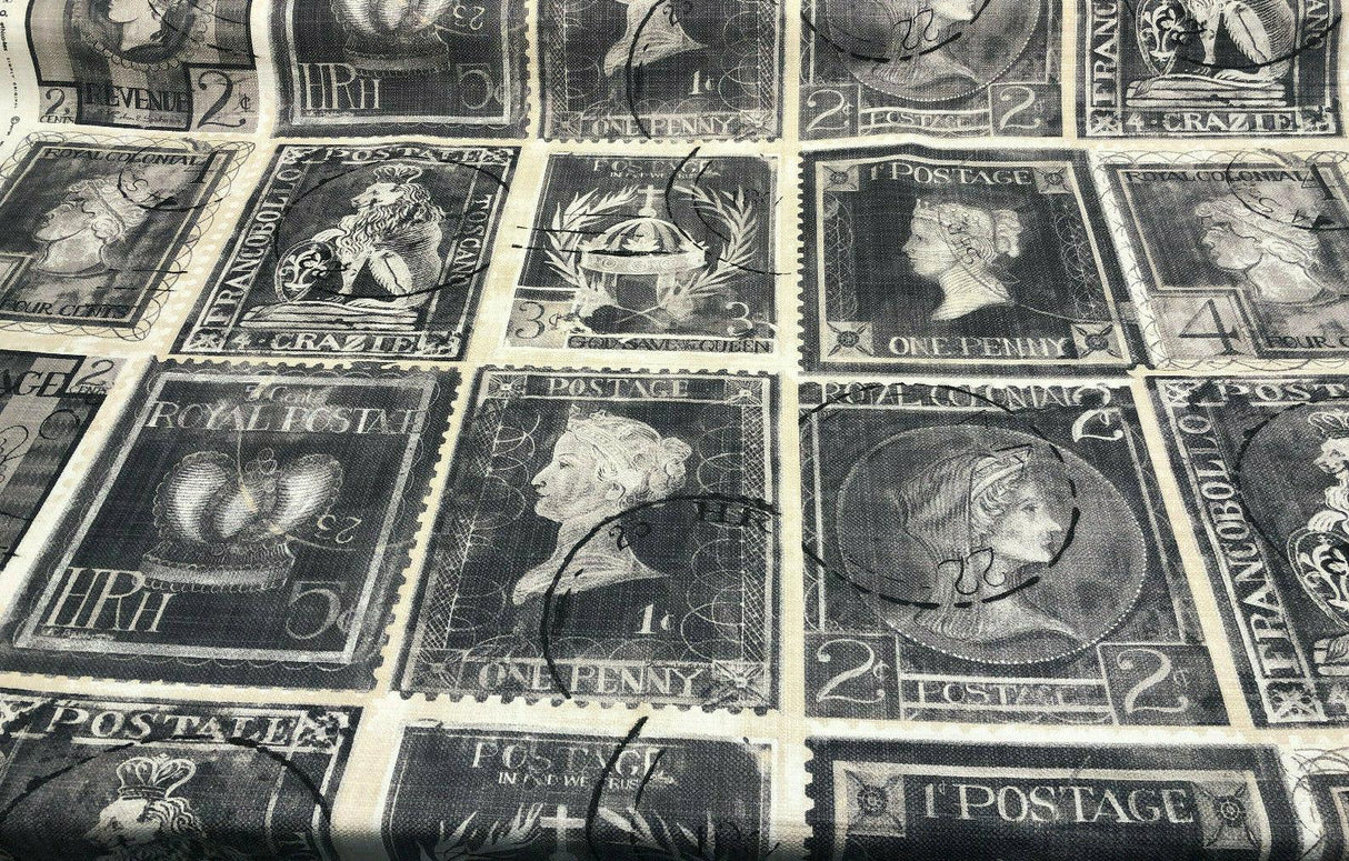 Postale Postage Royal Penny Cotton Fabric - Gray Beige Black, 56" Width, Vertical 24" Repeat (1 Yard)