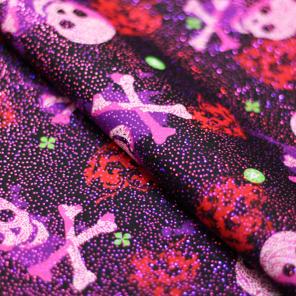 Heart Of Stone Nylon Spandex Fabric - Shiny Red/Green, Heart And Skull Pattern, 58/60" Width (1 Yard)
