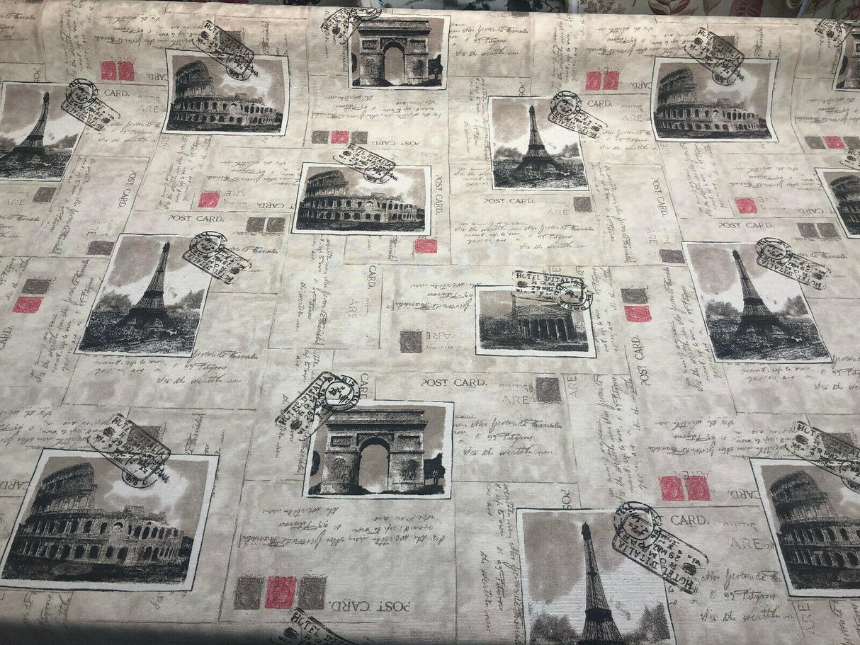 Postcard Paris Eiffel Tower Travel Rome Italy Cotton Polyester Print Fabric - Paris Postcard, Vintage Landmarks, Taupe Beige Cherry, 54" Width (1 Yard)