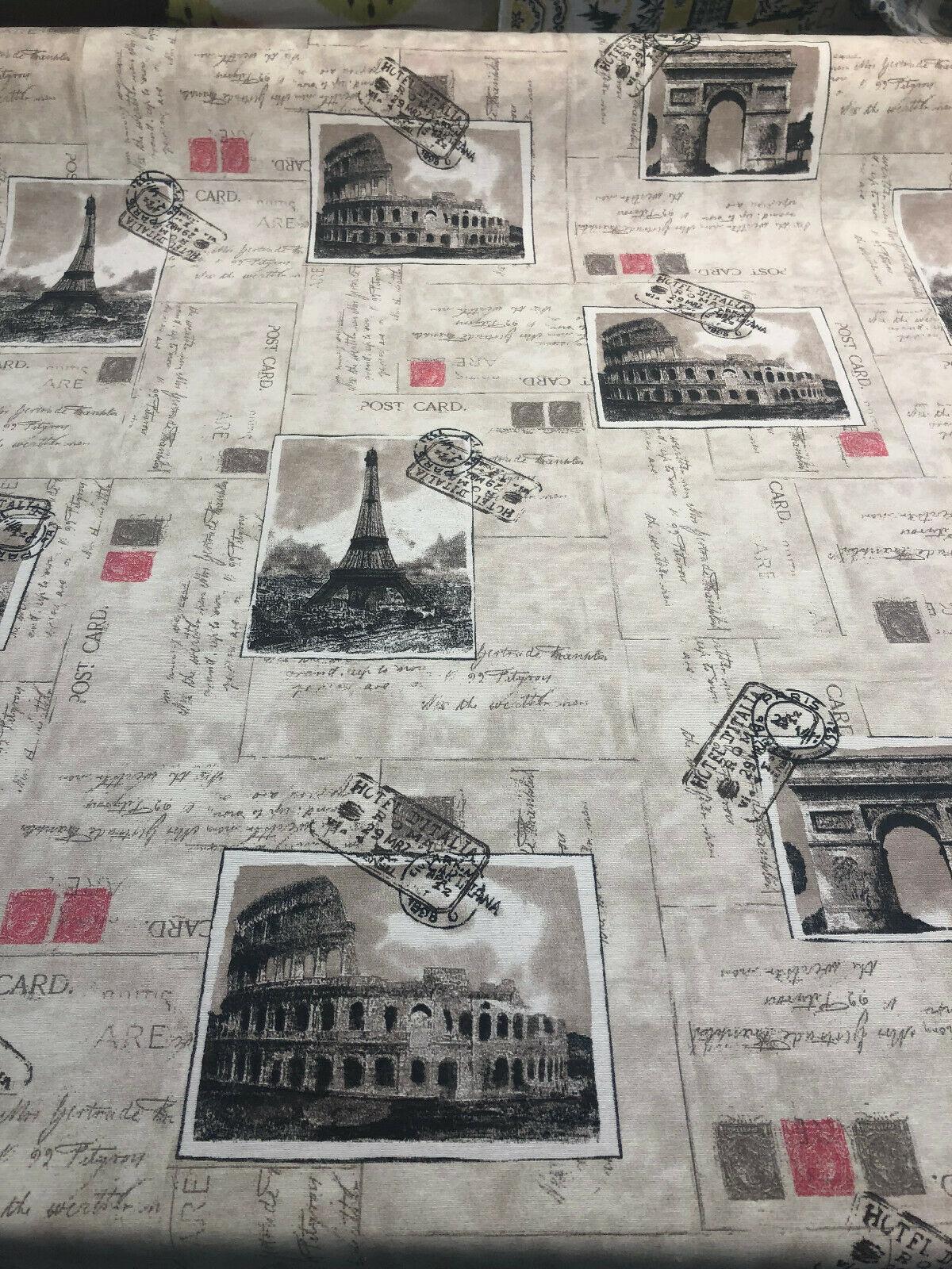 Postcard Paris Eiffel Tower Travel Rome Italy Cotton Polyester Print Fabric - Paris Postcard, Vintage Landmarks, Taupe Beige Cherry, 54" Width (1 Yard)