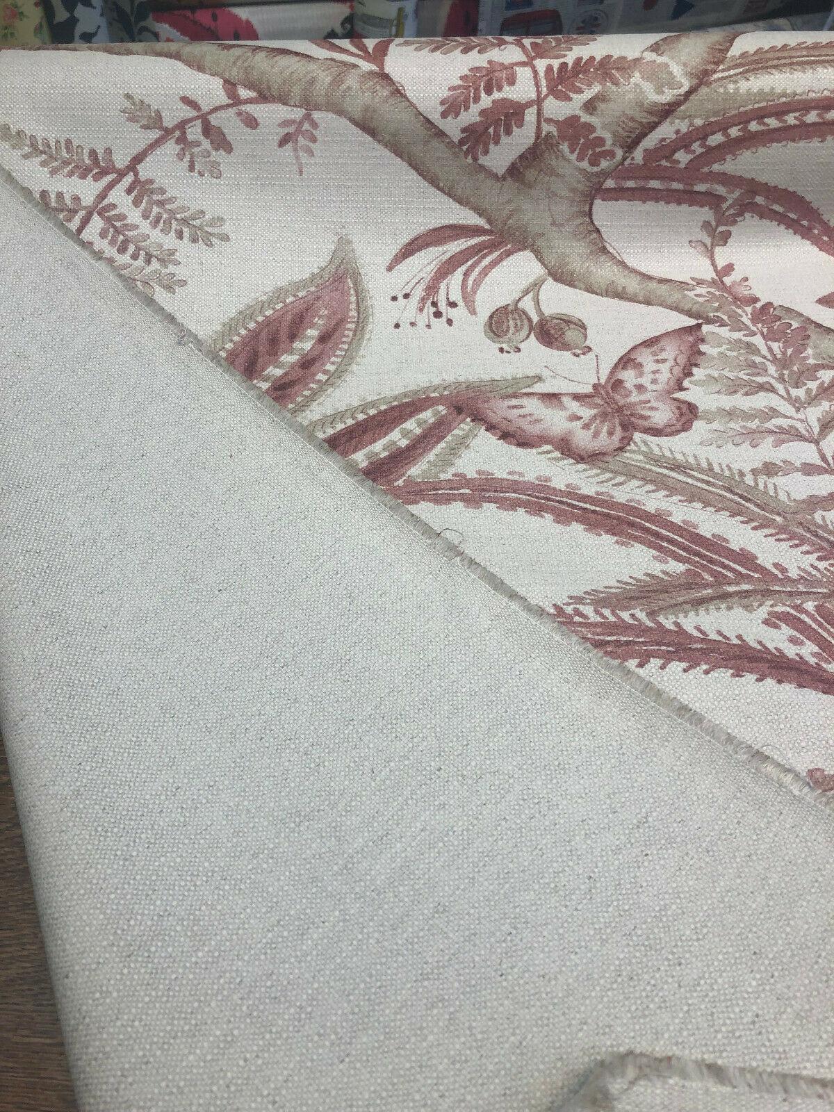 Butterfly Trees Toile B Cotton Polyester Linen Fabric - Beige Salmon Butterfly On Tree Branch, 56" Width (1 Yard)
