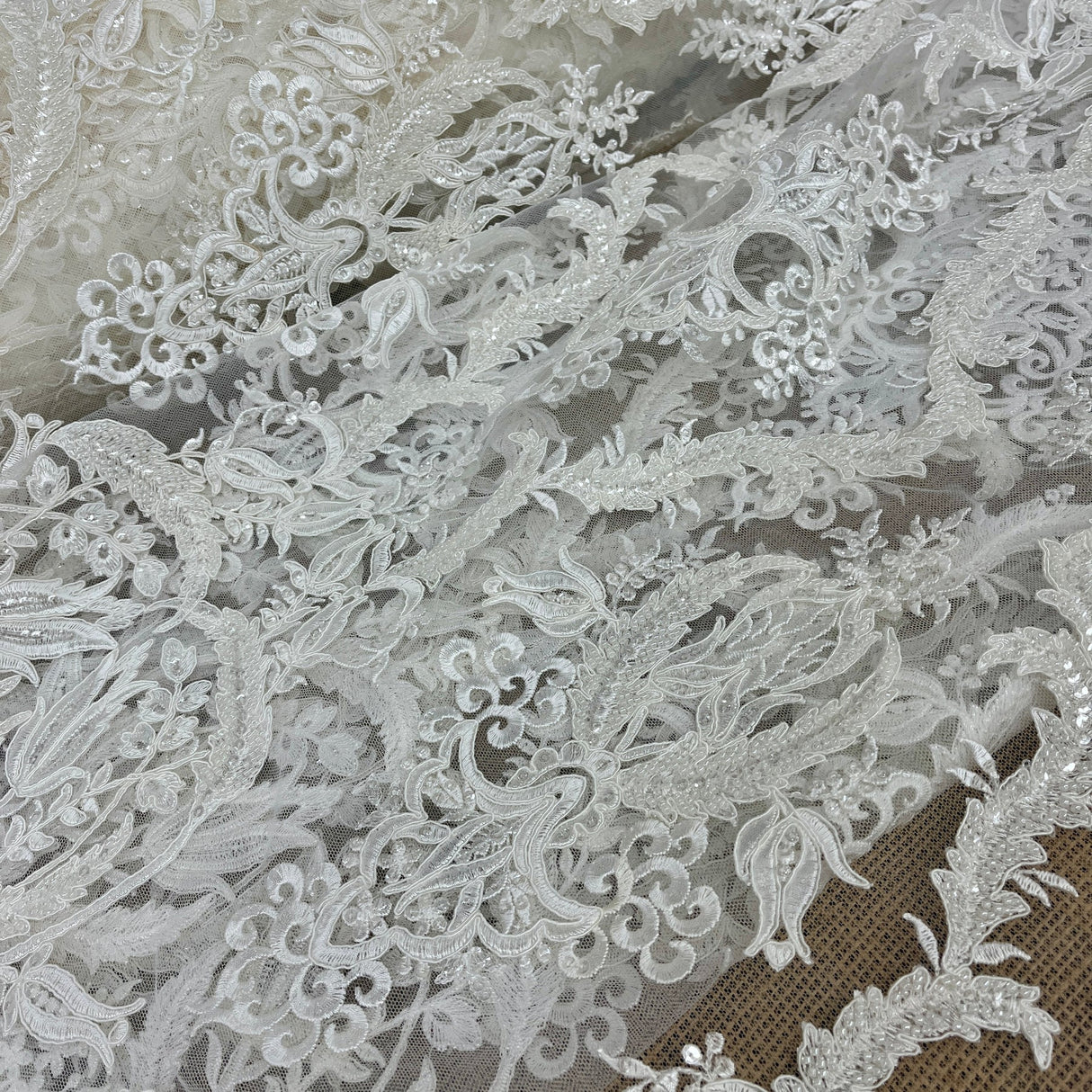 1 Yard Glamorous Beaded & Corded Lace Fabric Embroidered with Pearls and Sequins on Polyester Mesh Couture Bridal & Evening Wear 54" Wide