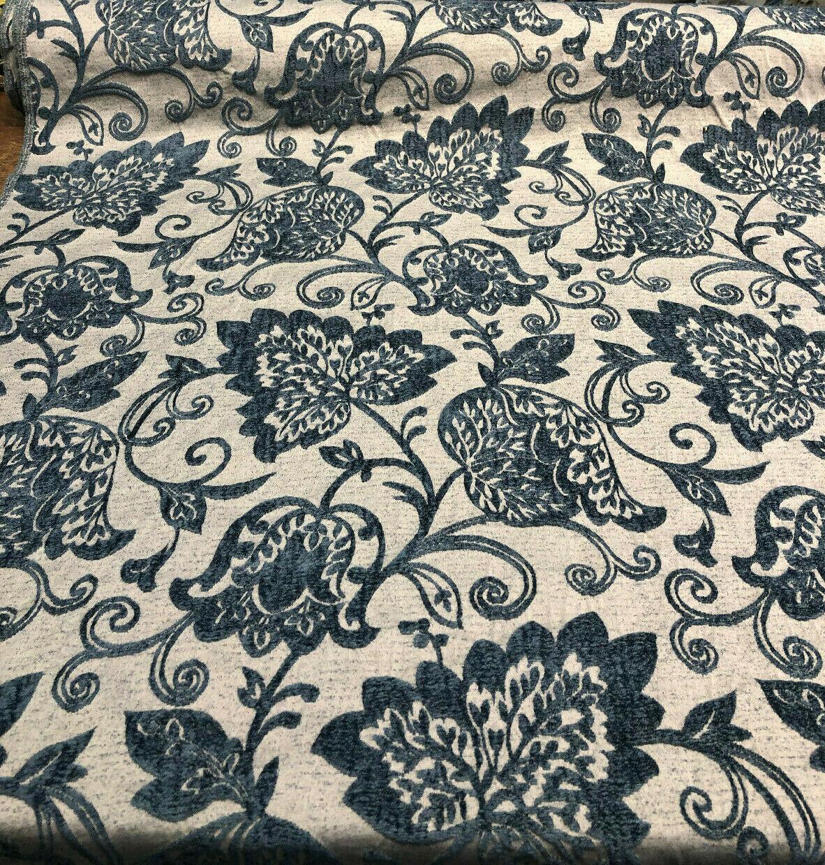 Renaissance Chenille Upholstery Fabric - Deep Teal Blue/Beige, 58" Width, 14" Horizontal Repeat, 26" Vertical Repeat (1 Yard)