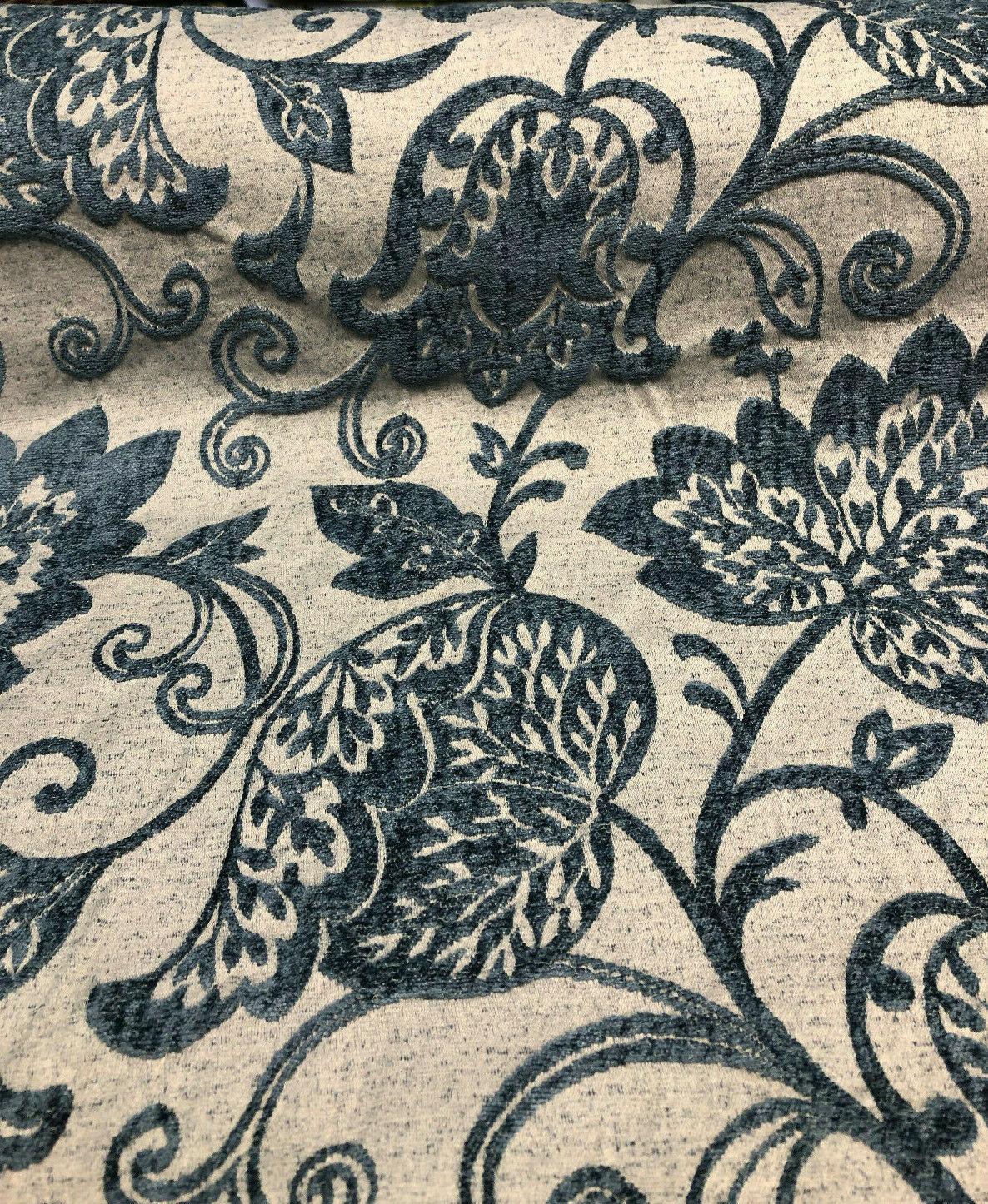 Renaissance Chenille Upholstery Fabric - Deep Teal Blue/Beige, 58" Width, 14" Horizontal Repeat, 26" Vertical Repeat (1 Yard)