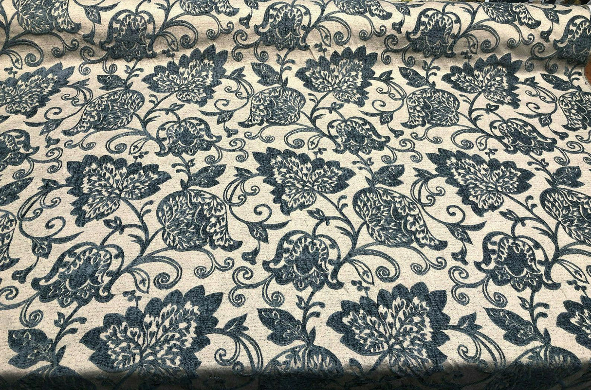 Renaissance Chenille Upholstery Fabric - Deep Teal Blue/Beige, 58" Width, 14" Horizontal Repeat, 26" Vertical Repeat (1 Yard)