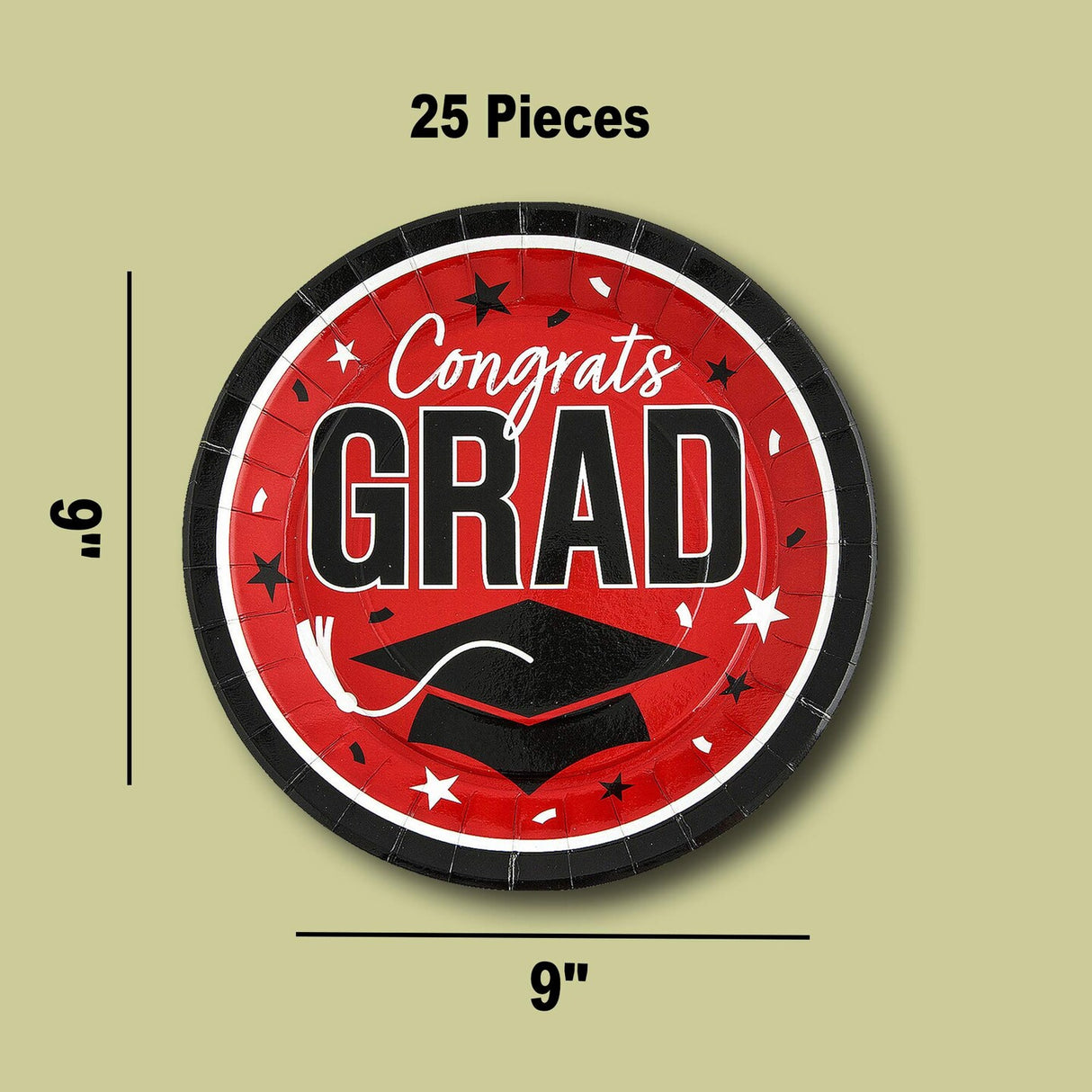 25 Count Red Congrats Grad 9 Inch Paper Plates Round Graduation Party