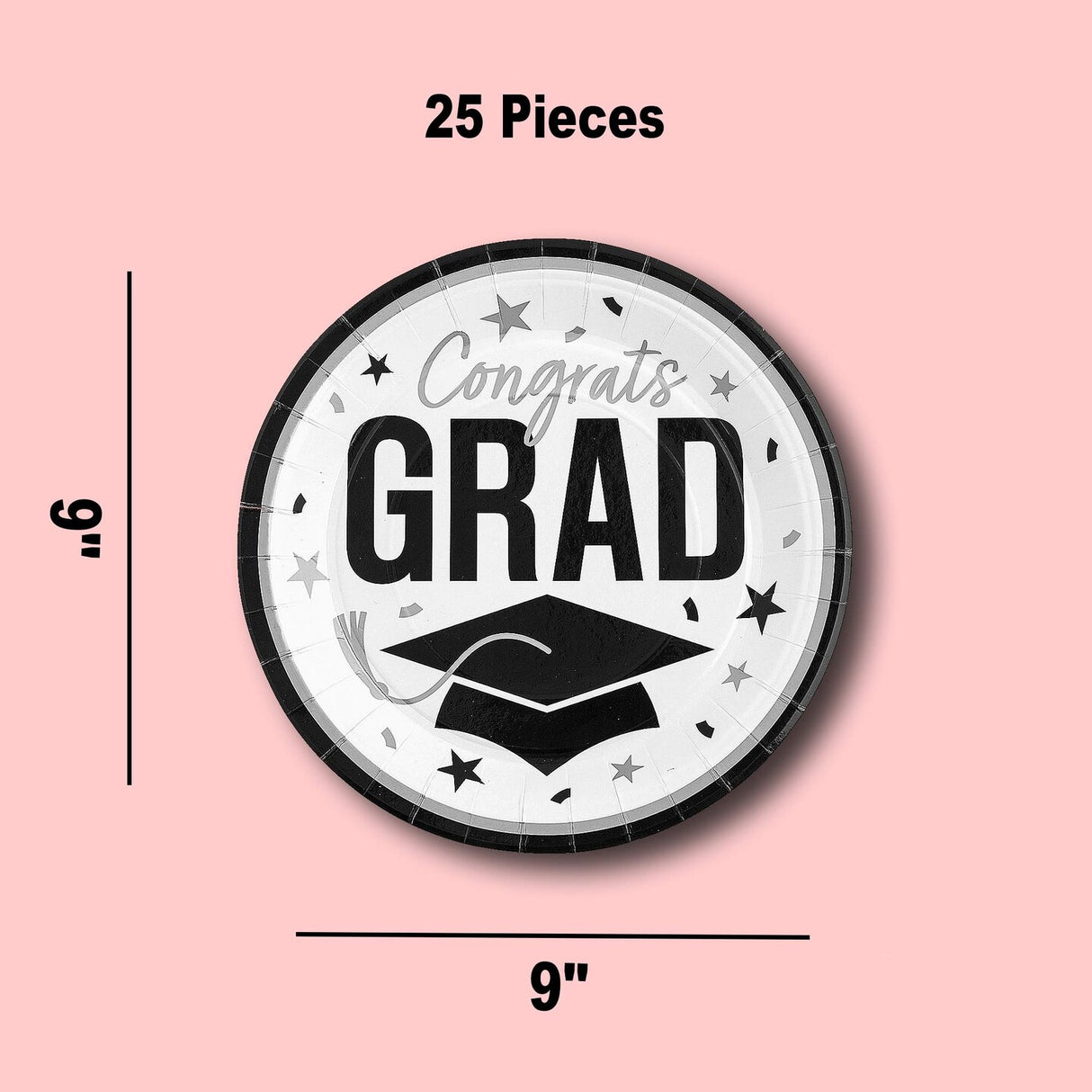 25 Count White Congrats Grad Round Paper Plates 9 Inch for Clean Graduation Decorations