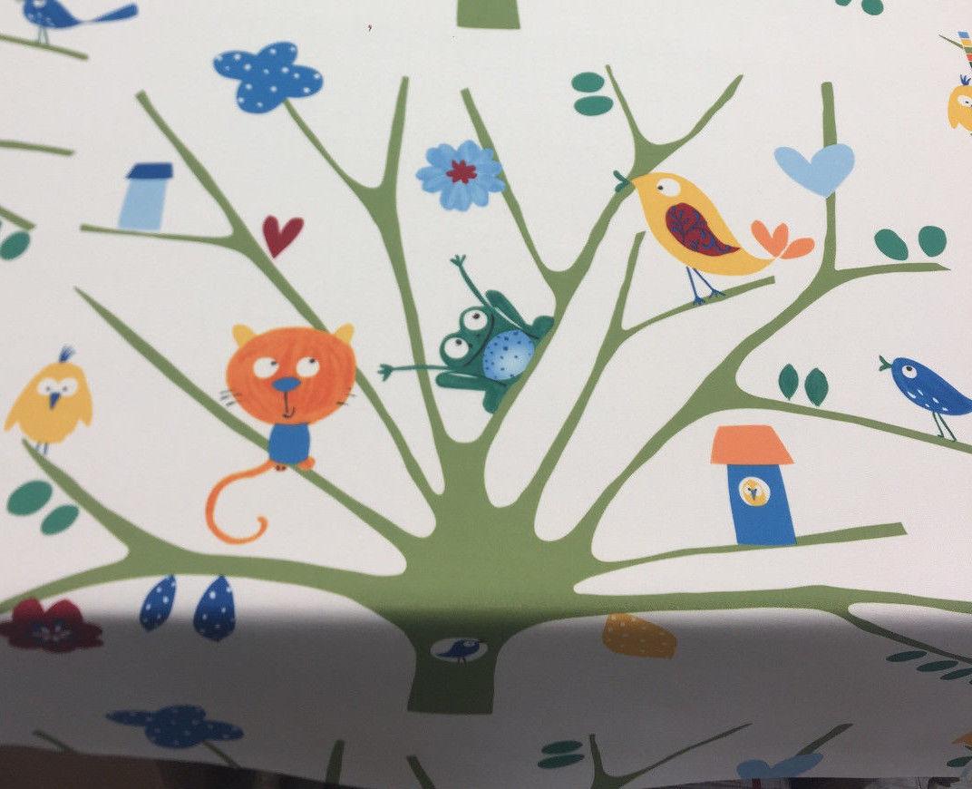 Fabricut Trees Frogs Birds Big Top Spun Polyester Fabric - White Blue Green Orange Yellow, Animals And Tree, 60" Width (1 Yard)