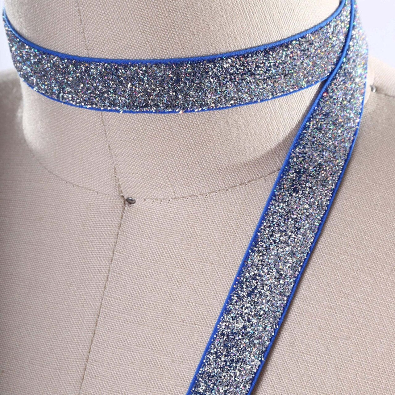 5/8" 2 Yards Stretch Blue Silver Glitter Elastic Trim for Headbands Hair Accessories Sewing