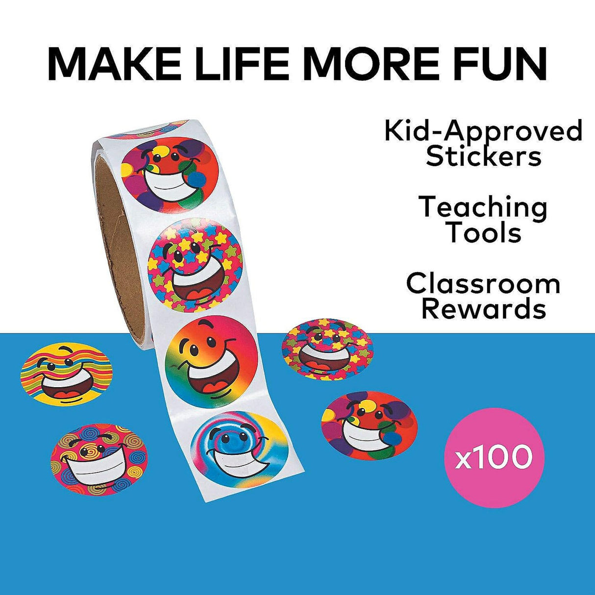 1 1/2" Multicolor Funky Smile Face Paper Sticker Roll 100 Pc