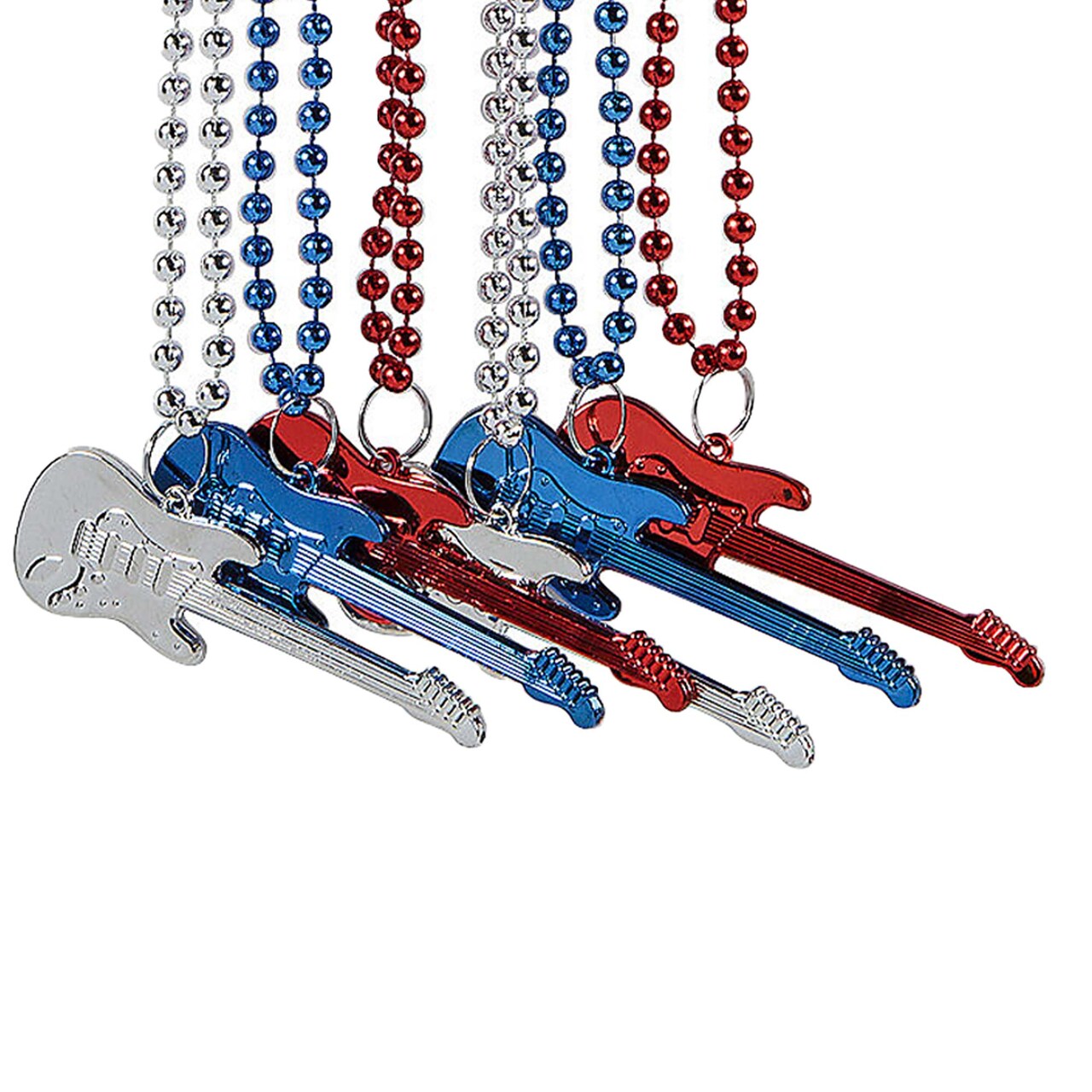 30" Patriotic Red, White & Blue Plastic Bead Necklaces with Guitar 12 Pc.