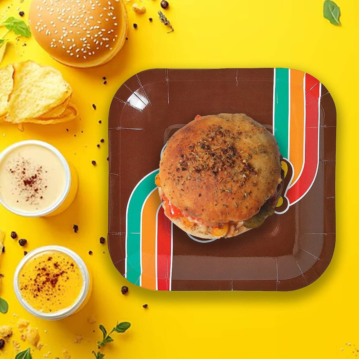 8 Ct. 70s Party Far Out Square Paper Dessert Plates 7" Retro Tableware