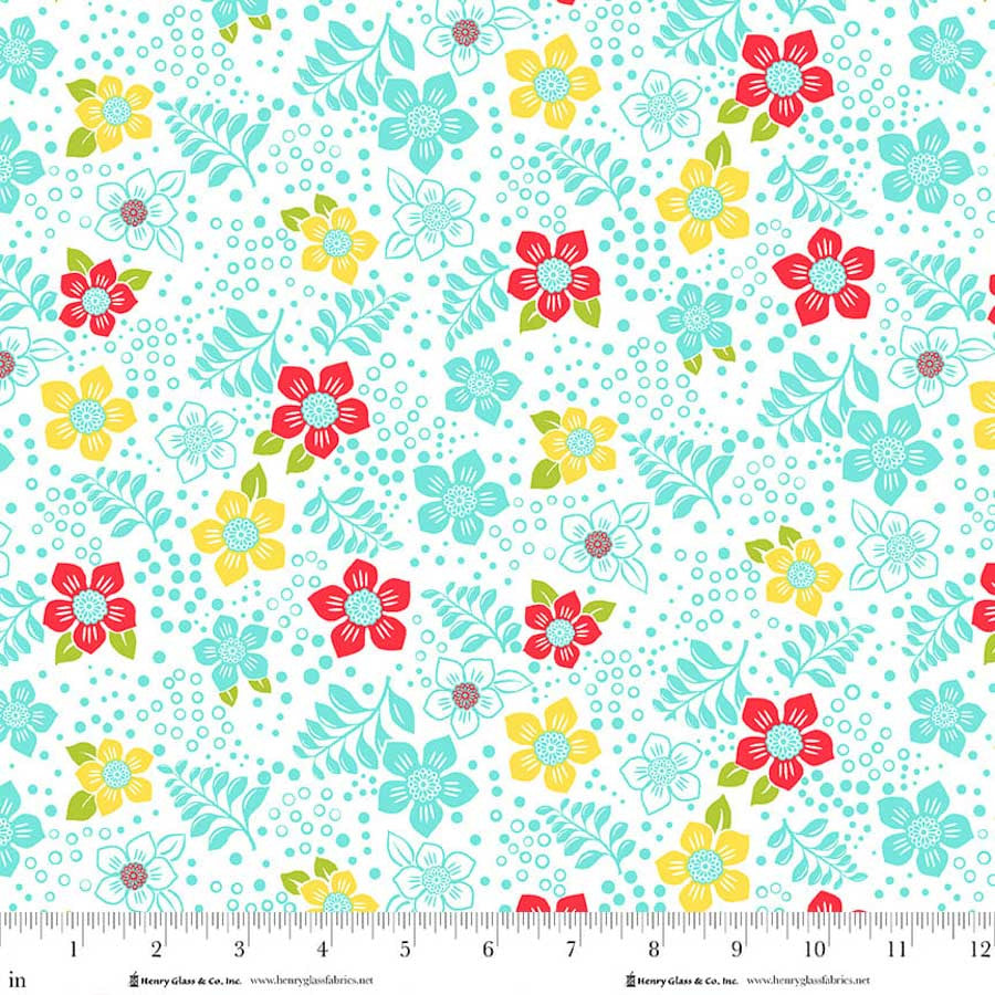 Cotton Jubilee Multi Blue Fun Flower Fabric 44/45
