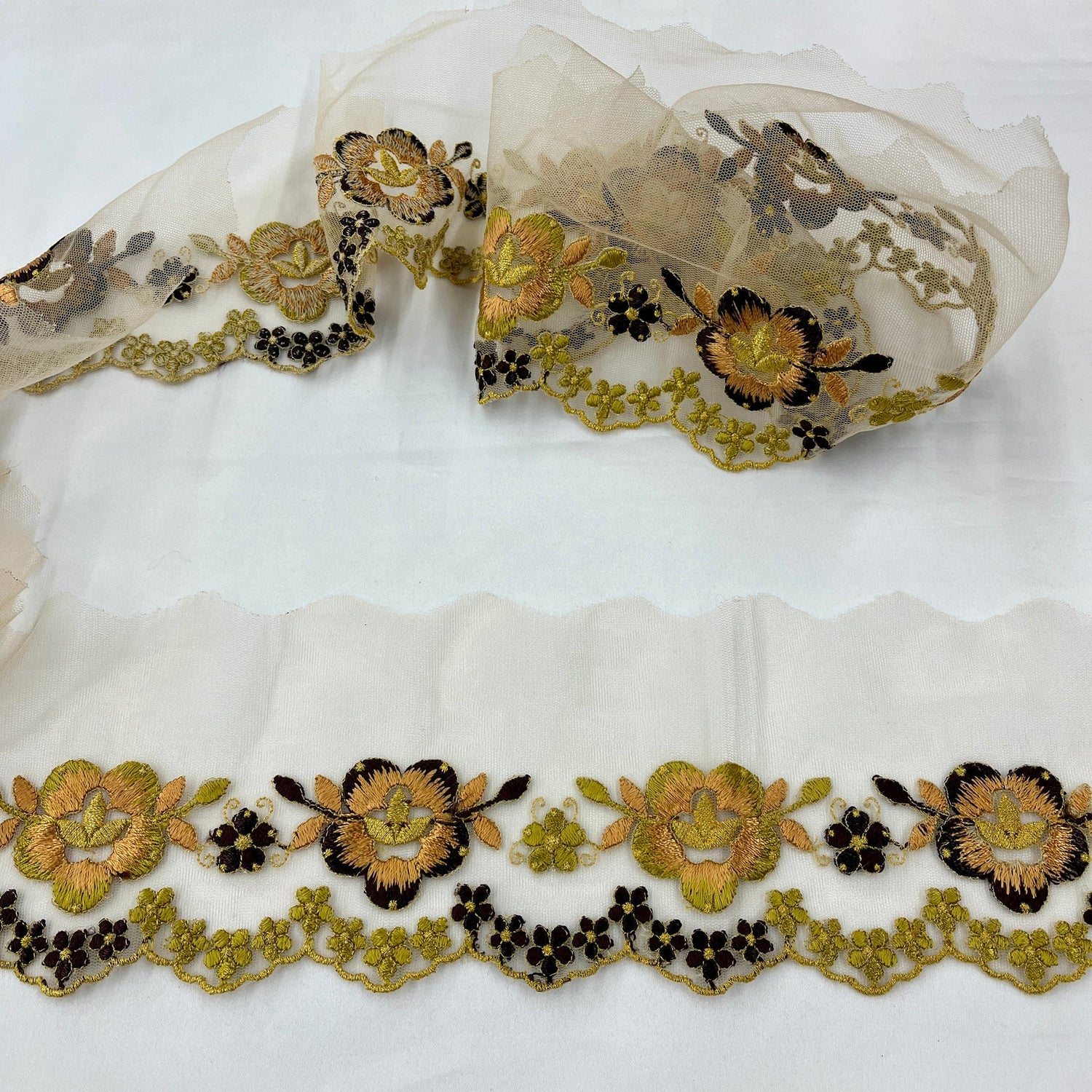 1 Yard Colorful Floral Lace Trimming on Net Mesh – 2.5" Wide | Handmade Embroidered Trim for Dresses & Costumes