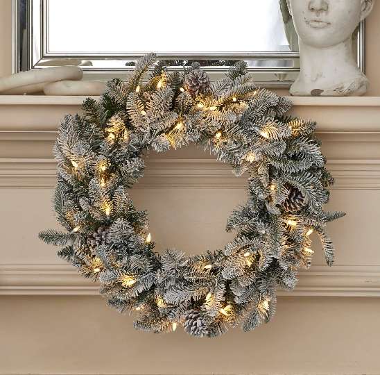 24" Lexington Fir Flocked Plug-In Wreath with Warm White LED Lights