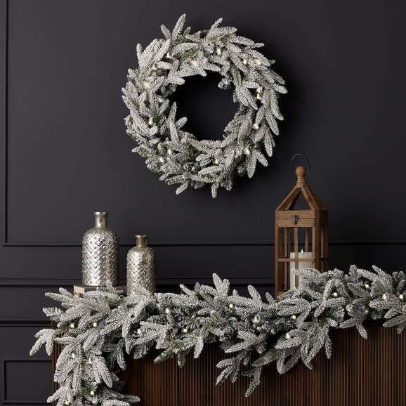 Royal Oaks Flocked Wreath 24 Inch Plug In LED Christmas Holiday Door Decor