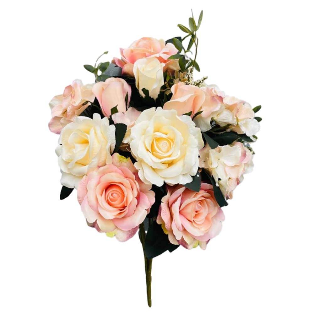 Silk Flowers Hydrangea Rose Bush Beige & Light Pink