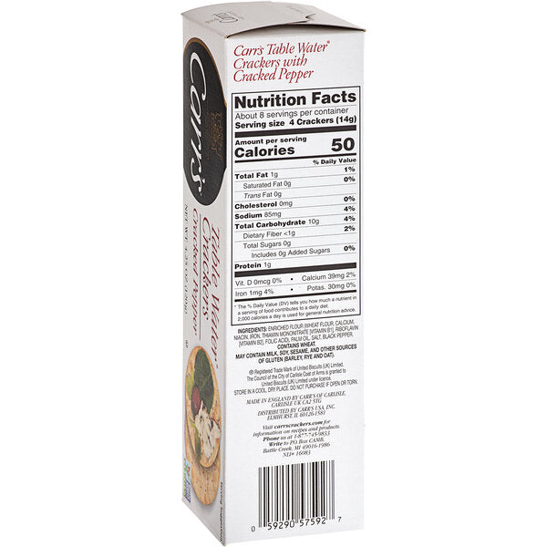 Carr's Table Water Cracked Pepper Crackers 4.25 oz. Box - 12/Case