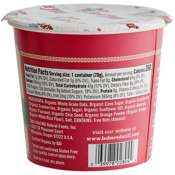 Bob's Red Mill Cranberry Orange Gluten-Free Organic Single Serving Oatmeal Cup - 12/Case