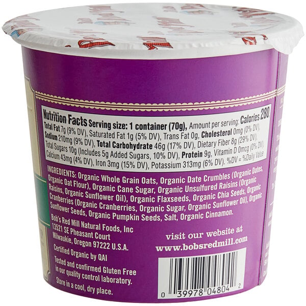Bob's Red Mill Fruit and Seed Gluten-Free Organic Single Serving Oatmeal Cup - 12/Case